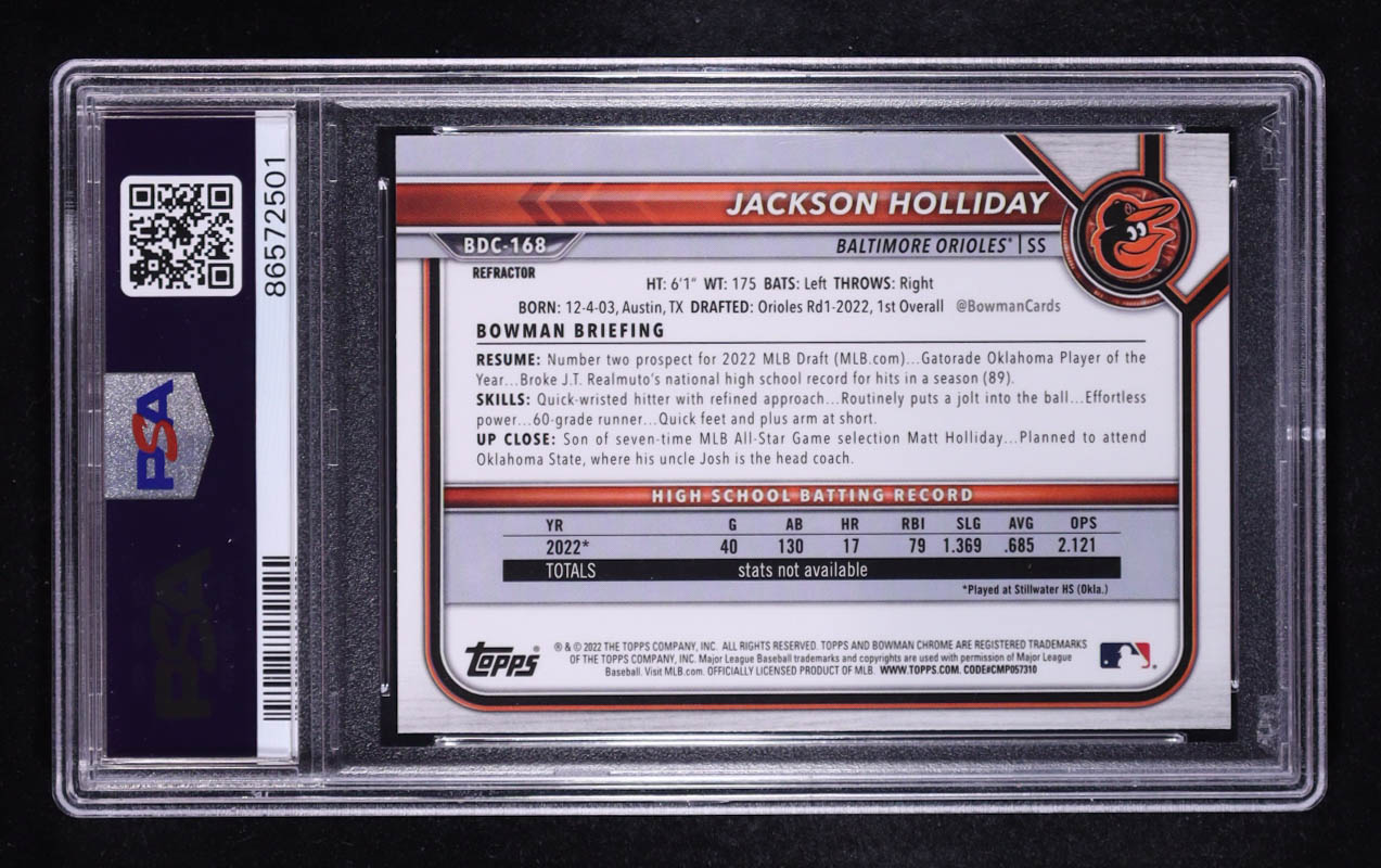 Jackson Holliday 2022 Bowman Chrome Draft Refractors #BDC168 RC (PSA 9) at PristineAuction.com Jackson Holliday 2022 Bowman Chrome Draft Refractors #BDC168 RC (PSA 9) at PristineAuction.com