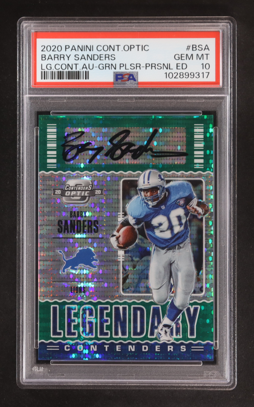 Barry Sanders 2020 Panini Contenders Optic Legendary Contenders Autographs Green Pulsar #9 PE (PSA 10) at PristineAuction.com Barry Sanders 2020 Panini Contenders Optic Legendary Contenders Autographs Green Pulsar #9 PE (PSA 10) at PristineAuction.com