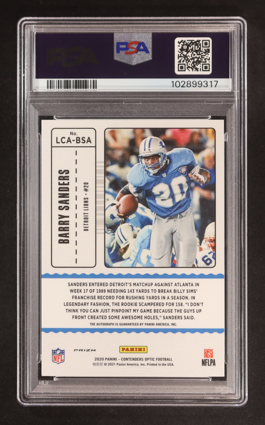 Barry Sanders 2020 Panini Contenders Optic Legendary Contenders Autographs Green Pulsar #9 PE (PSA 10) at PristineAuction.com Barry Sanders 2020 Panini Contenders Optic Legendary Contenders Autographs Green Pulsar #9 PE (PSA 10) at PristineAuction.com