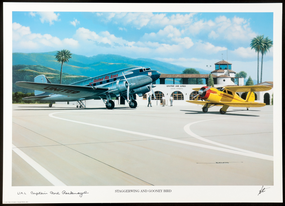 Carl E. Recknagel Signed Stan Stokes "Staggerwing And Gooney Bird" Lithograph Inscribed "UAL Captain" (AIV) at PristineAuction.com Carl E. Recknagel Signed Stan Stokes "Staggerwing And Gooney Bird" Lithograph Inscribed "UAL Captain" (AIV) at PristineAuction.com