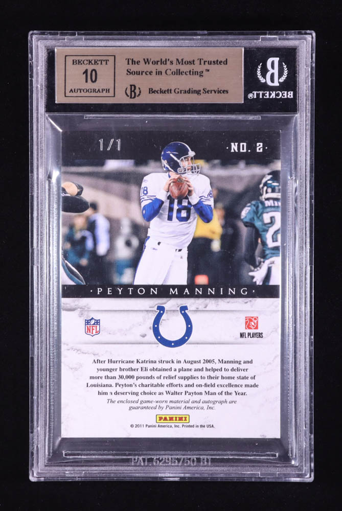 Peyton Manning 2011 Panini Plates and Patches Honors Autograph Materials Prime #2 #1/1 (BGS 9.5 | Auto 10) at PristineAuction.com Peyton Manning 2011 Panini Plates and Patches Honors Autograph Materials Prime #2 #1/1 (BGS 9.5 | Auto 10) at PristineAuction.com