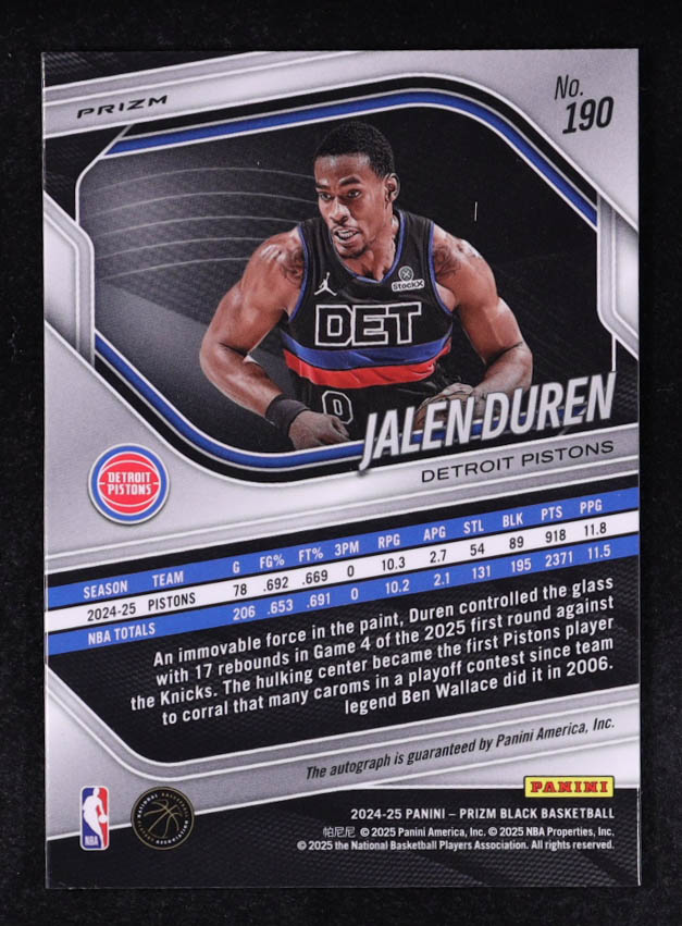 Jalen Duren 2024-25 Panini Prizm Black Autographs Prizms Silver #190 at PristineAuction.com Jalen Duren 2024-25 Panini Prizm Black Autographs Prizms Silver #190 at PristineAuction.com