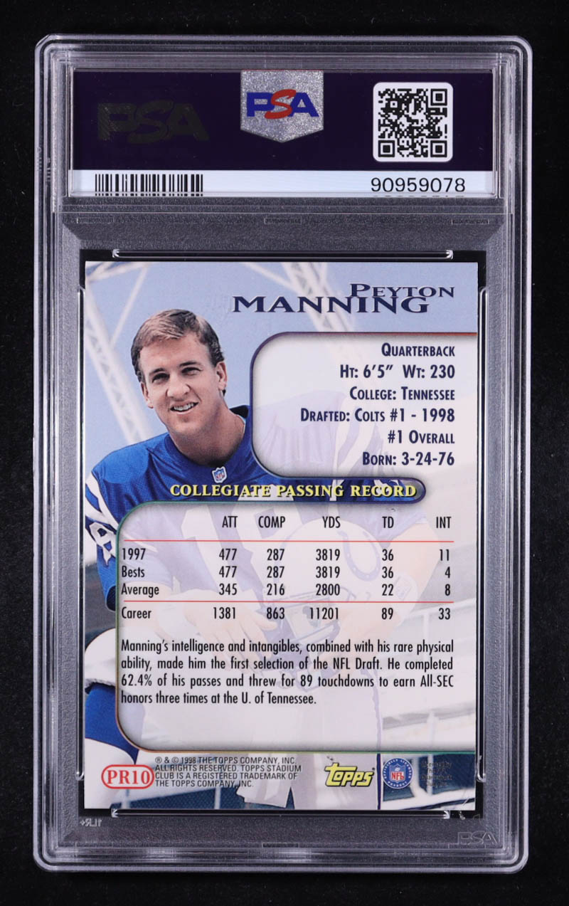 Peyton Manning Signed 1998 Stadium Club Prime Rookies #PR10 RC (PSA | Autograph Grade 10) at PristineAuction.com Peyton Manning Signed 1998 Stadium Club Prime Rookies #PR10 RC (PSA | Autograph Grade 10) at PristineAuction.com