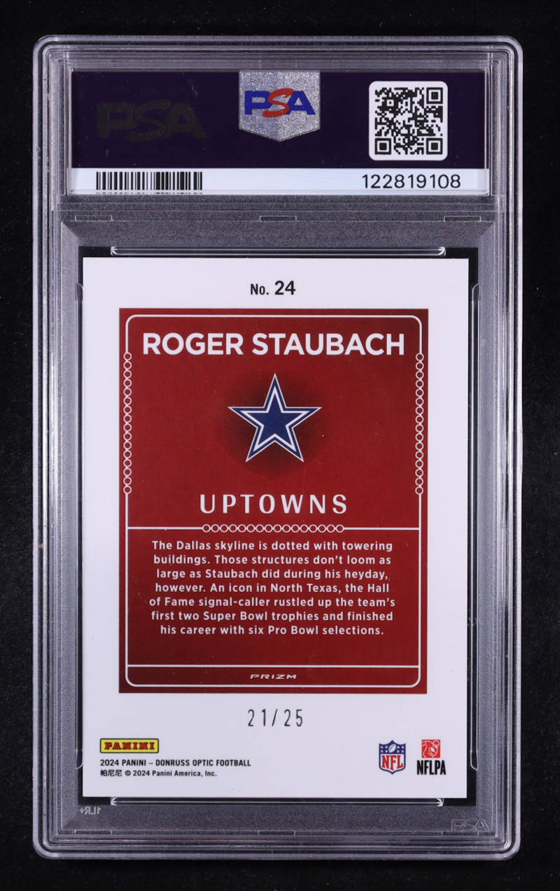 Roger Staubach 2024 Donruss Optic Uptowns White Pandora #24 #21/25 (PSA 9) at PristineAuction.com Roger Staubach 2024 Donruss Optic Uptowns White Pandora #24 #21/25 (PSA 9) at PristineAuction.com
