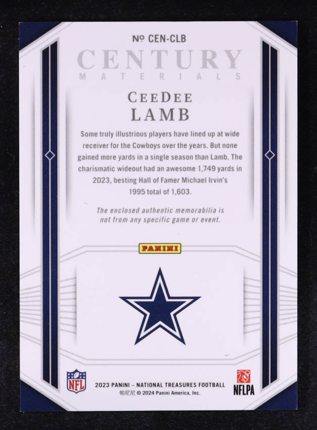 CeeDee Lamb 2023 Panini National Treasures Century Materials #15 #23/99 at PristineAuction.com CeeDee Lamb 2023 Panini National Treasures Century Materials #15 #23/99 at PristineAuction.com