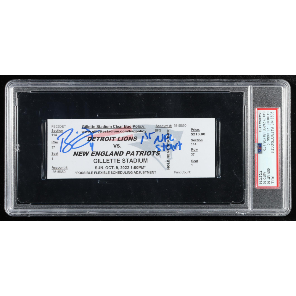 Bailey Zappe Signed Patriots 2022 NFL Debut Game Ticket Inscribed "1st NFL Start" (PSA) at PristineAuction.com