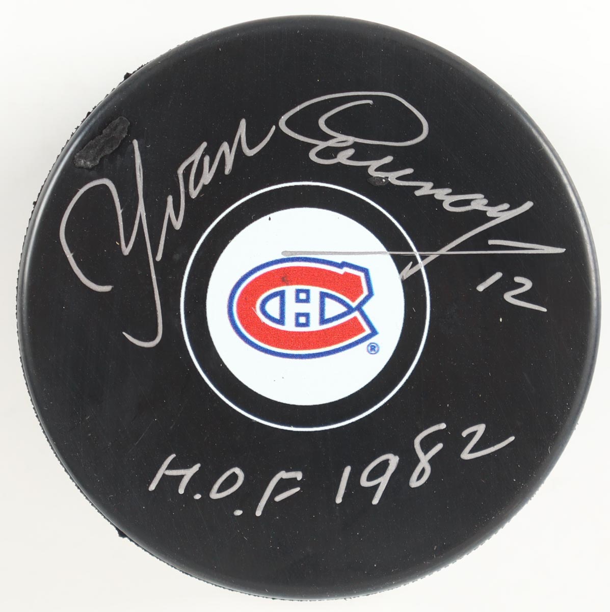 Yvan Cournoyer Signed Canadiens Logo Hockey Puck Inscribed "H.O.F. 1982" (New England Picture) at PristineAuction.com Yvan Cournoyer Signed Canadiens Logo Hockey Puck Inscribed "H.O.F. 1982" (New England Picture) at PristineAuction.com