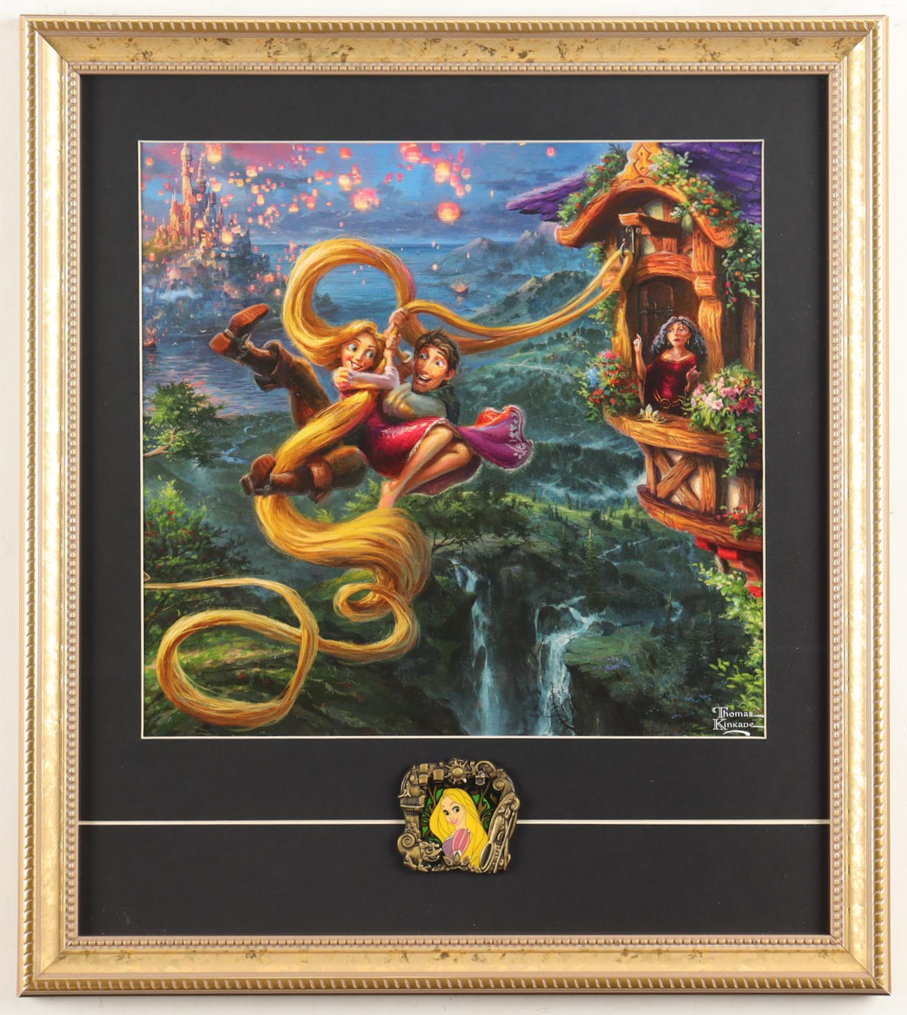 Thomas Kinkade "Tangled" Custom Framed Print Display with Glass Rapunzel Character Pin at PristineAuction.com Thomas Kinkade "Tangled" Custom Framed Print Display with Glass Rapunzel Character Pin at PristineAuction.com