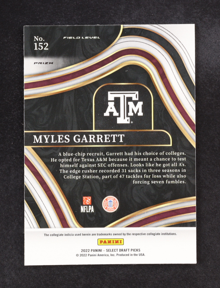 Myles Garrett 2022 Panini Select Draft Picks Purple Lazer Prizm #152 at PristineAuction.com Myles Garrett 2022 Panini Select Draft Picks Purple Lazer Prizm #152 at PristineAuction.com
