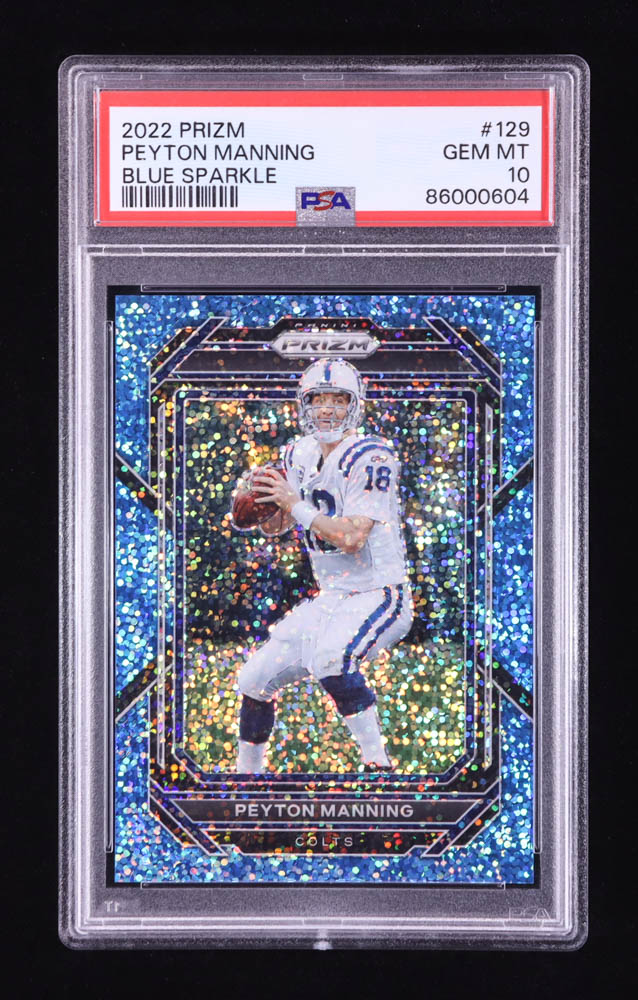 Peyton Manning 2022 Panini Prizm Prizms Blue Sparkle #129 #16/96 (PSA 10) at PristineAuction.com Peyton Manning 2022 Panini Prizm Prizms Blue Sparkle #129 #16/96 (PSA 10) at PristineAuction.com