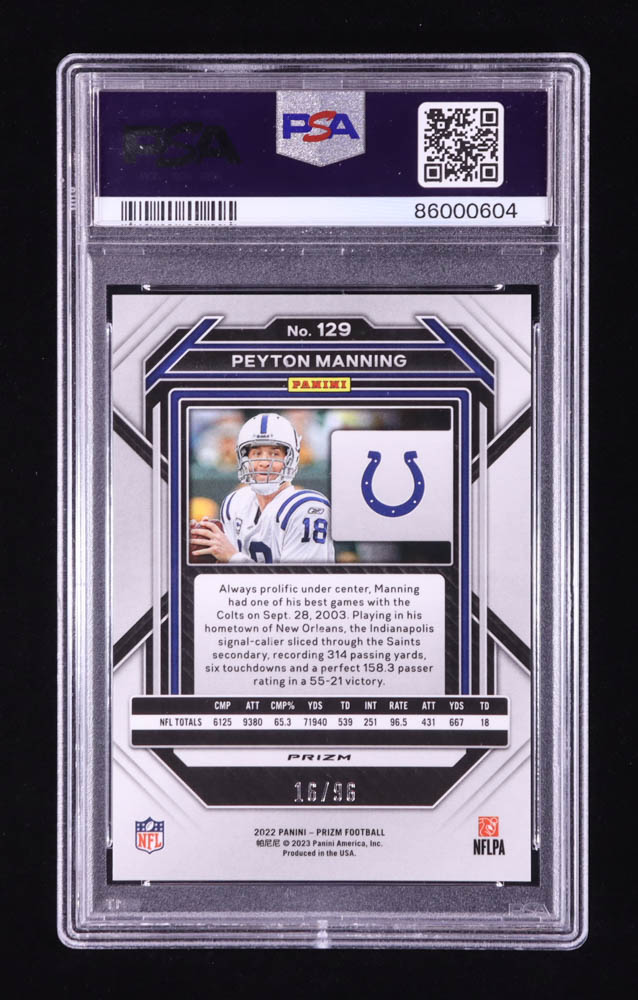 Peyton Manning 2022 Panini Prizm Prizms Blue Sparkle #129 #16/96 (PSA 10) at PristineAuction.com Peyton Manning 2022 Panini Prizm Prizms Blue Sparkle #129 #16/96 (PSA 10) at PristineAuction.com