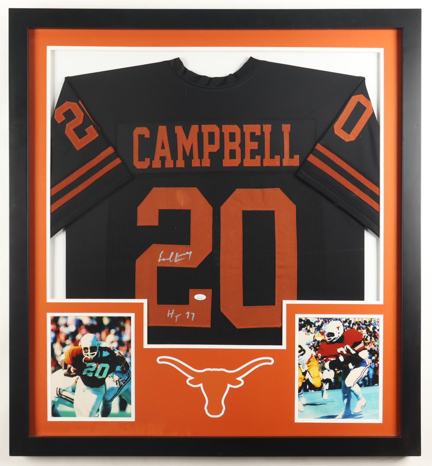 Earl Campbell Signed Custom Framed Jersey Display with Photos Inscribed "HT 77" (JSA) at PristineAuction.com Earl Campbell Signed Custom Framed Jersey Display with Photos Inscribed "HT 77" (JSA) at PristineAuction.com