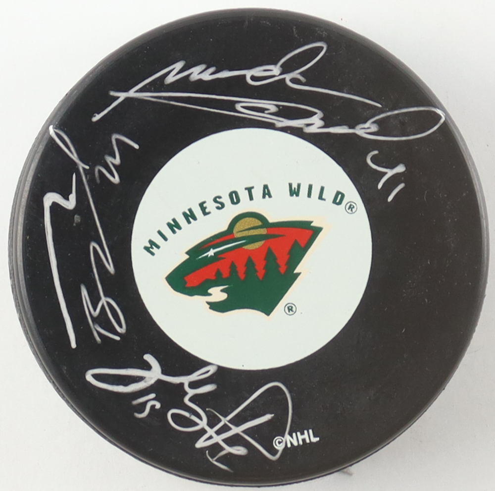 Derek Boogaard, Martin Skoula & Andrew Brunette Signed Wild Logo Hockey Puck (Beckett) at PristineAuction.com Derek Boogaard, Martin Skoula & Andrew Brunette Signed Wild Logo Hockey Puck (Beckett) at PristineAuction.com