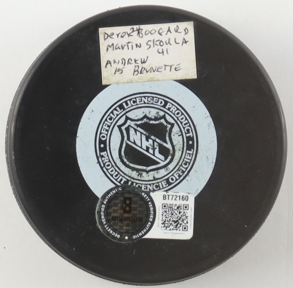 Derek Boogaard, Martin Skoula & Andrew Brunette Signed Wild Logo Hockey Puck (Beckett) at PristineAuction.com Derek Boogaard, Martin Skoula & Andrew Brunette Signed Wild Logo Hockey Puck (Beckett) at PristineAuction.com