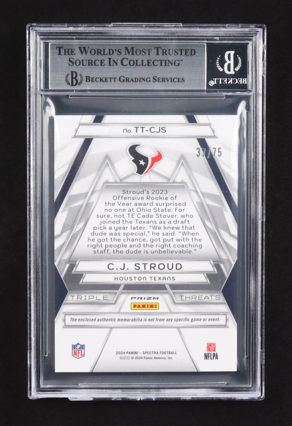 C.J. Stroud 2024 Panini Spectra Triple Threats Materials Hyper #TT-CJS #37/75 (BGS 8) at PristineAuction.com C.J. Stroud 2024 Panini Spectra Triple Threats Materials Hyper #TT-CJS #37/75 (BGS 8) at PristineAuction.com
