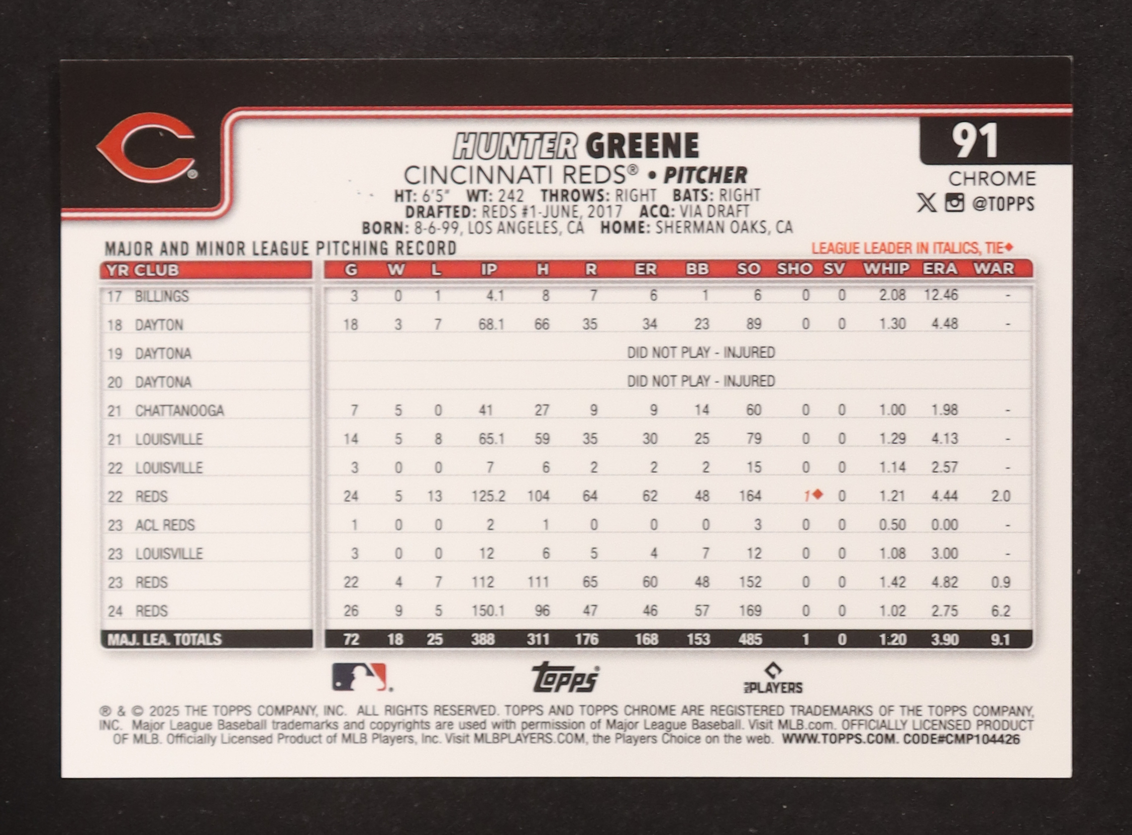 Hunter Greene 2025 Topps Chrome Sapphire Gold Refractors #91 #15/50 at PristineAuction.com Hunter Greene 2025 Topps Chrome Sapphire Gold Refractors #91 #15/50 at PristineAuction.com