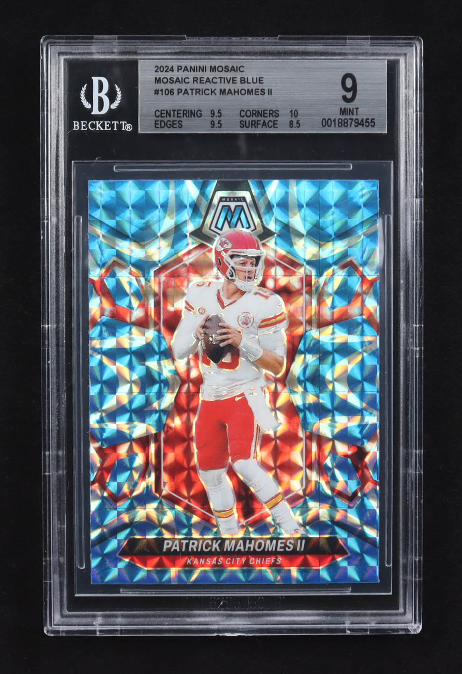 Patrick Mahomes II 2024 Panini Mosaic Reactive Blue Prizm #106 (BGS 9) at PristineAuction.com Patrick Mahomes II 2024 Panini Mosaic Reactive Blue Prizm #106 (BGS 9) at PristineAuction.com
