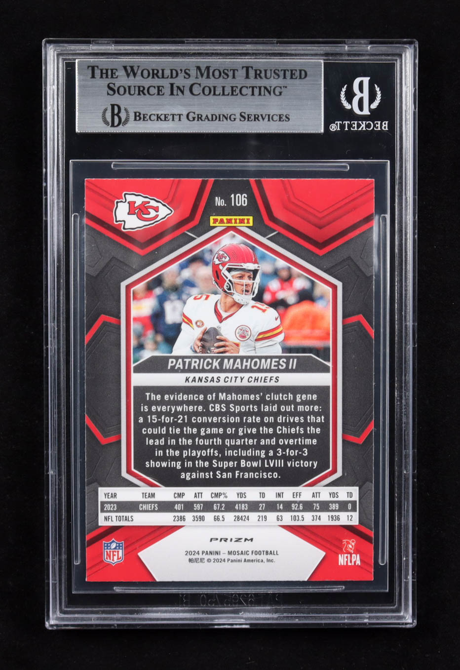 Patrick Mahomes II 2024 Panini Mosaic Reactive Blue Prizm #106 (BGS 9) at PristineAuction.com Patrick Mahomes II 2024 Panini Mosaic Reactive Blue Prizm #106 (BGS 9) at PristineAuction.com