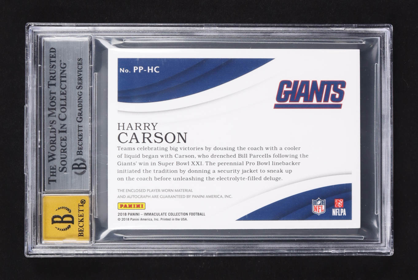 Harry Carson 2018 Panini Immaculate Collection Premium Patch Autographs #PP-HC #11/99 (BGS 8 | Autograph Graded BGS 10) at PristineAuction.com Harry Carson 2018 Panini Immaculate Collection Premium Patch Autographs #PP-HC #11/99 (BGS 8 | Autograph Graded BGS 10) at PristineAuction.com