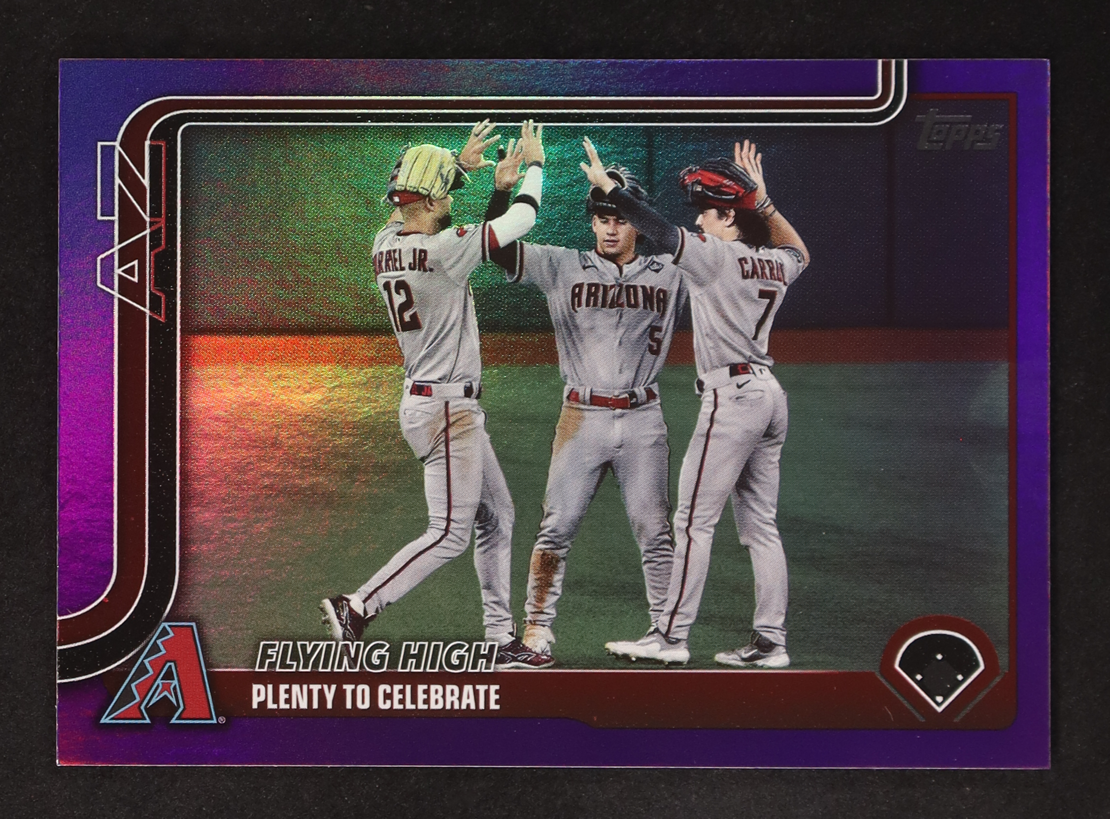 Corbin Carroll / Alek Thomas / Lourdes Gurriel Jr. 2025 Topps Purple Holo Foil #297 #190/250 Flying High at PristineAuction.com Corbin Carroll / Alek Thomas / Lourdes Gurriel Jr. 2025 Topps Purple Holo Foil #297 #190/250 Flying High at PristineAuction.com