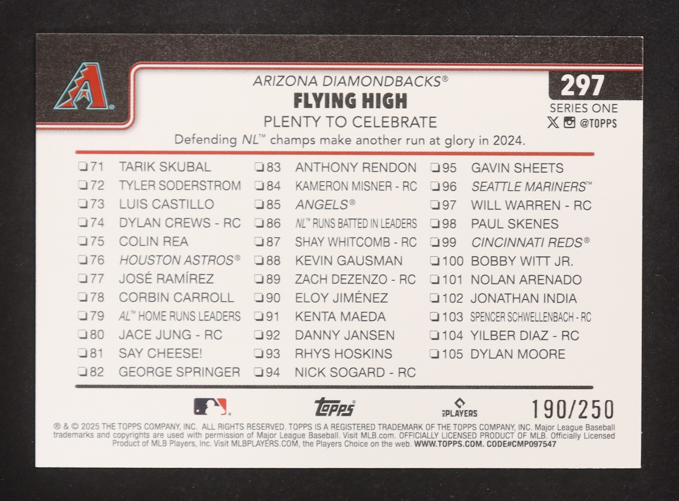 Corbin Carroll / Alek Thomas / Lourdes Gurriel Jr. 2025 Topps Purple Holo Foil #297 #190/250 Flying High at PristineAuction.com Corbin Carroll / Alek Thomas / Lourdes Gurriel Jr. 2025 Topps Purple Holo Foil #297 #190/250 Flying High at PristineAuction.com