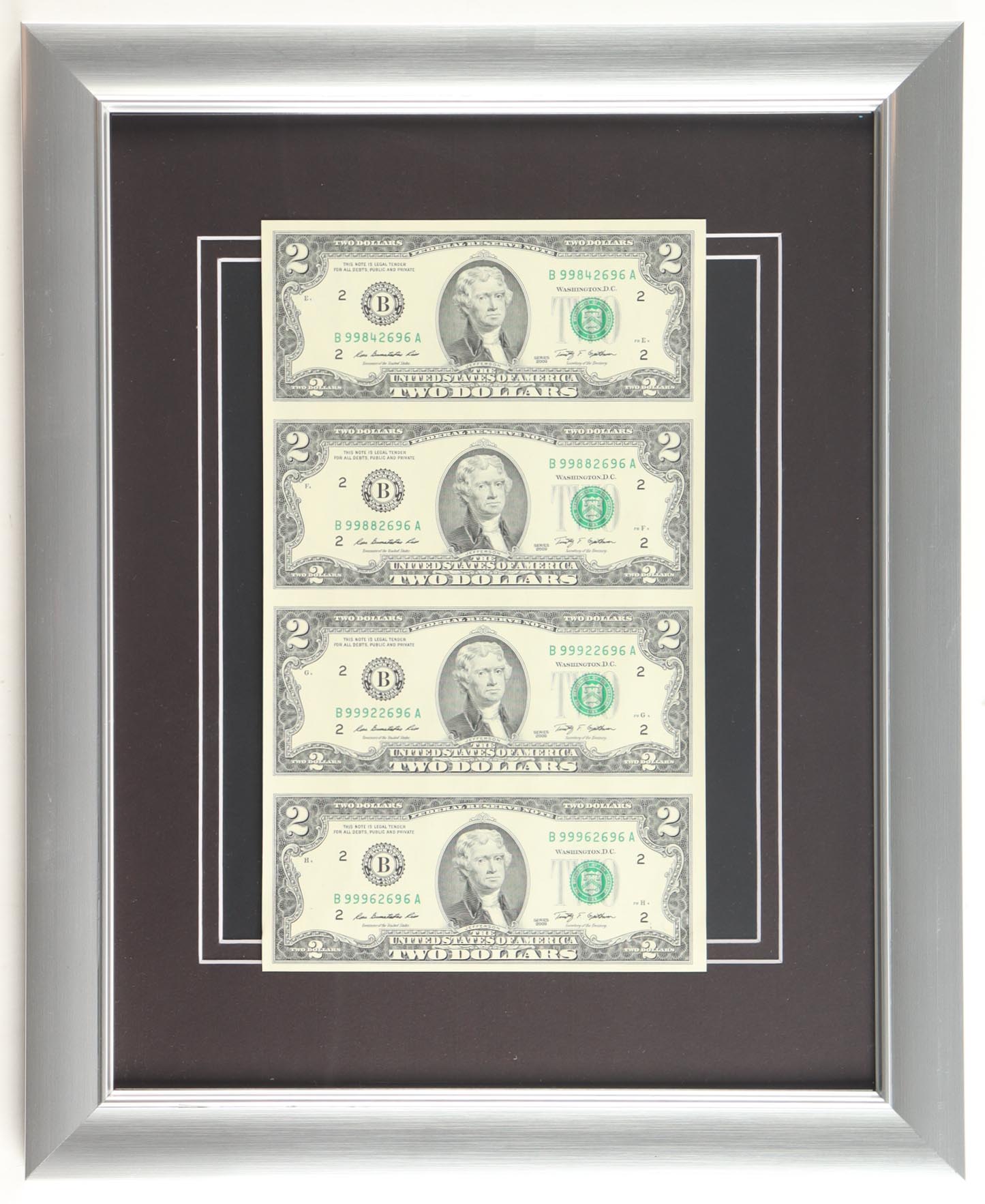 2009 U.S. $2 Dollar Bill Custom Framed Uncut Sheet Of (4) Bills at PristineAuction.com 2009 U.S. $2 Dollar Bill Custom Framed Uncut Sheet Of (4) Bills at PristineAuction.com