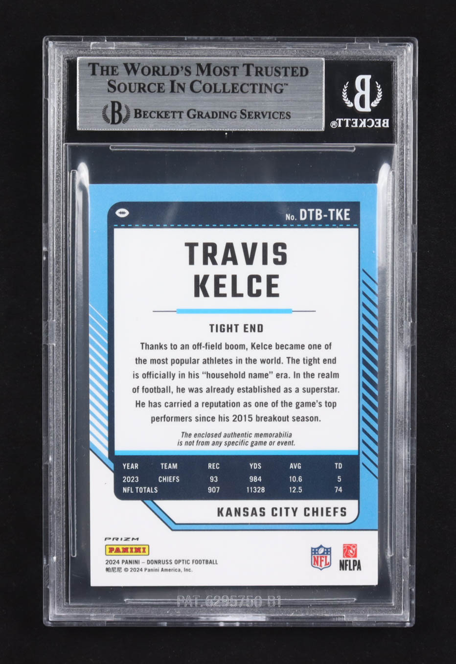Travis Kelce 2024 Panini Donruss Optic Threads Blue Hyper MEM #DTB-TKE (BGS 8.5) at PristineAuction.com Travis Kelce 2024 Panini Donruss Optic Threads Blue Hyper MEM #DTB-TKE (BGS 8.5) at PristineAuction.com