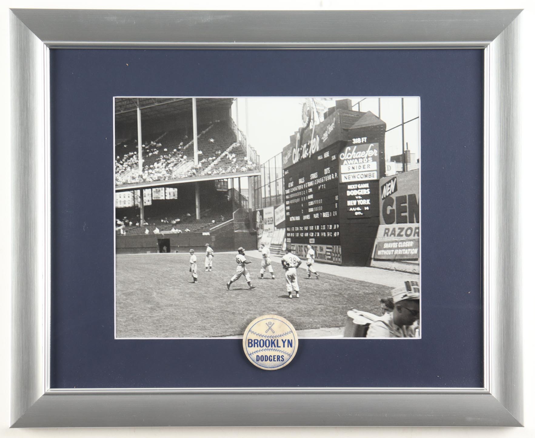 Brooklyn Dodgers Custom Framed Photo Display with 1955 Pin at PristineAuction.com Brooklyn Dodgers Custom Framed Photo Display with 1955 Pin at PristineAuction.com