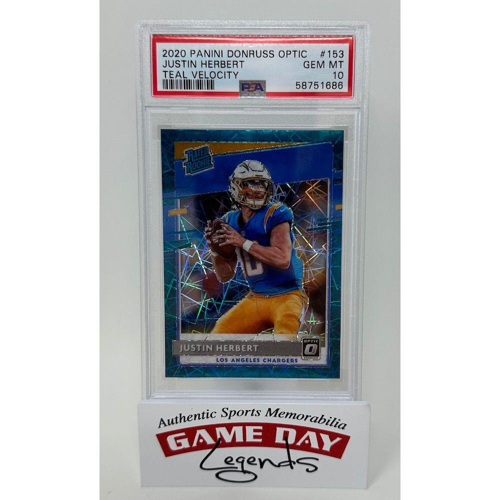 Justin Herbert 2020 Donruss Optic Teal Velocity #153 RR RC (PSA 10) at PristineAuction.com Justin Herbert 2020 Donruss Optic Teal Velocity #153 RR RC (PSA 10) at PristineAuction.com