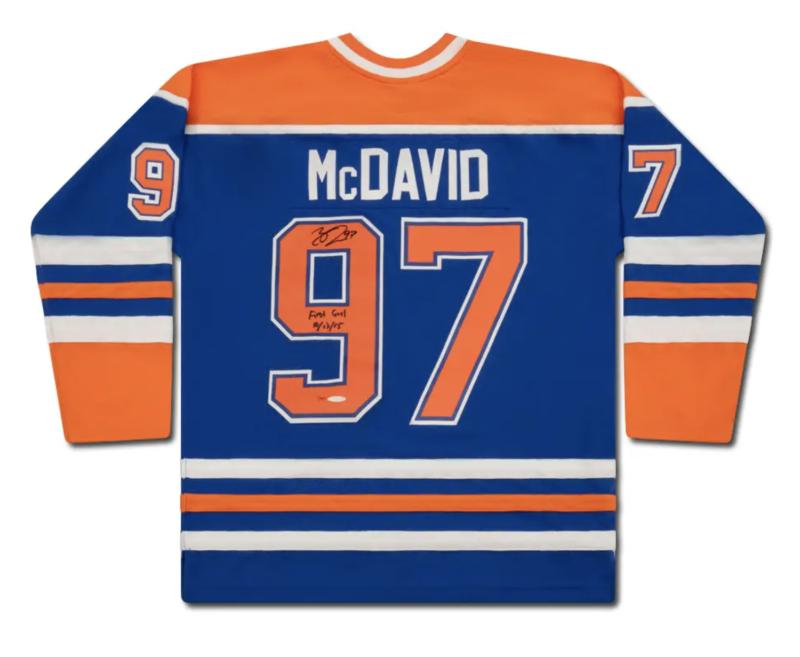 Connor McDavid Signed LE Oilers Mitchell & Ness Authentic Jersey Inscribed "First Goal 10/13/15" (UDA) at PristineAuction.com Connor McDavid Signed LE Oilers Mitchell & Ness Authentic Jersey Inscribed "First Goal 10/13/15" (UDA) at PristineAuction.com