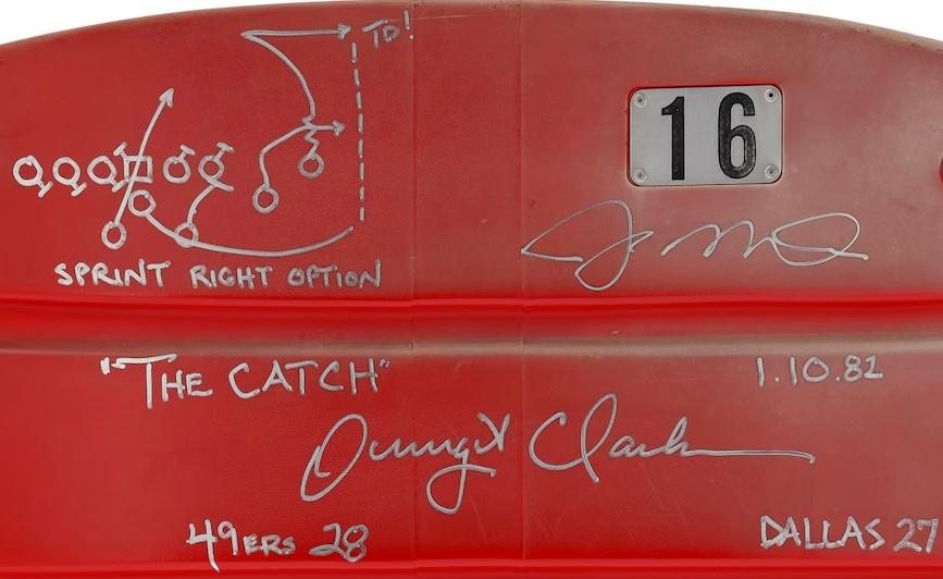 Joe Montana & Dwight Clark Signed Candlestick Park #16 Seat Back with Hand-Drawn "The Catch" Play & Inscriptions (Fanatics) at PristineAuction.com Joe Montana & Dwight Clark Signed Candlestick Park #16 Seat Back with Hand-Drawn "The Catch" Play & Inscriptions (Fanatics) at PristineAuction.com