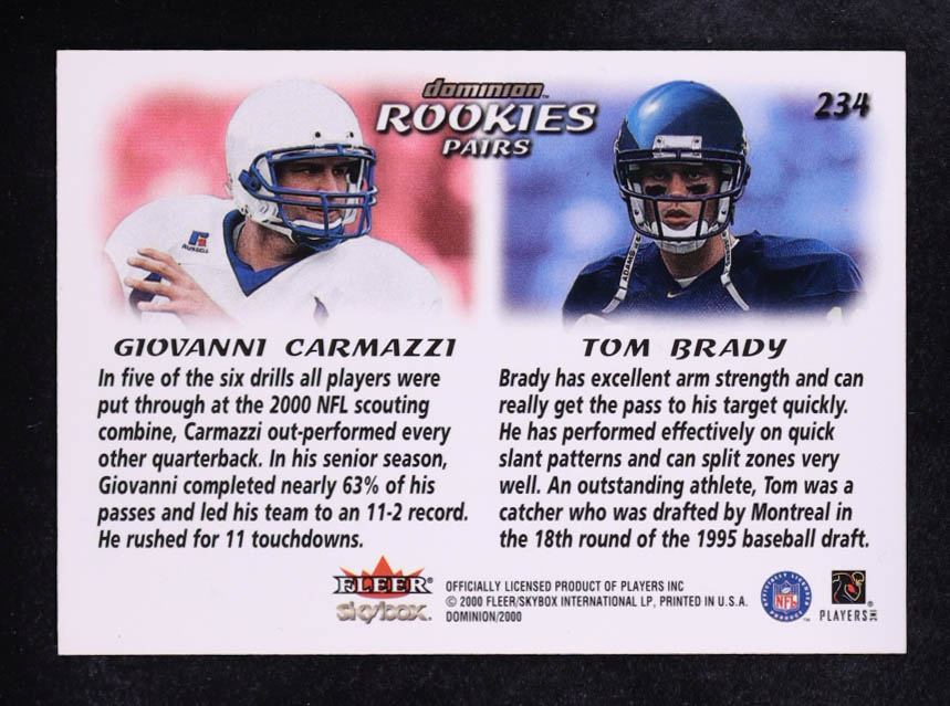 Tom Brady / Giovanni Carmazzi 2000 SkyBox Dominion #234 RC at PristineAuction.com Tom Brady / Giovanni Carmazzi 2000 SkyBox Dominion #234 RC at PristineAuction.com