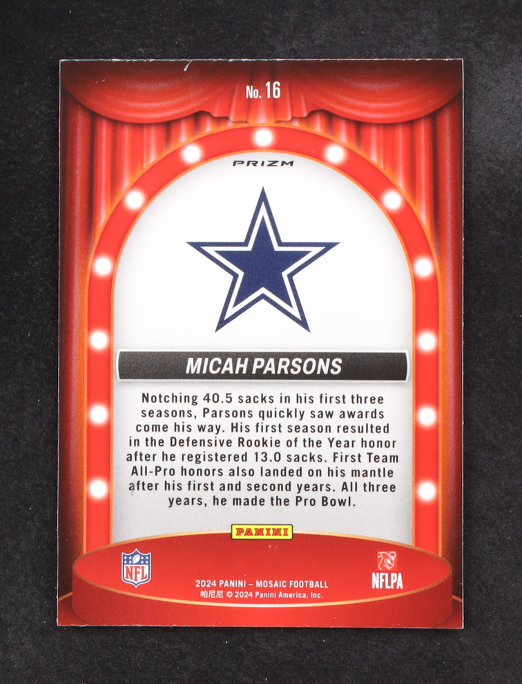 Micah Parsons 2024 Panini Mosaic Center Stage #16 at PristineAuction.com Micah Parsons 2024 Panini Mosaic Center Stage #16 at PristineAuction.com