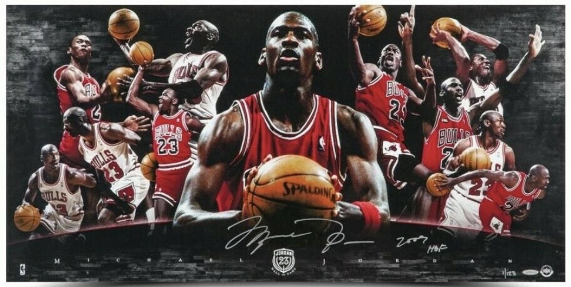 Michael Jordan Signed LE Bulls "Hall of Fame Collage" Collage 18x36 Photo Inscribed "HOF 2009" (UDA) at PristineAuction.com Michael Jordan Signed LE Bulls "Hall of Fame Collage" Collage 18x36 Photo Inscribed "HOF 2009" (UDA) at PristineAuction.com