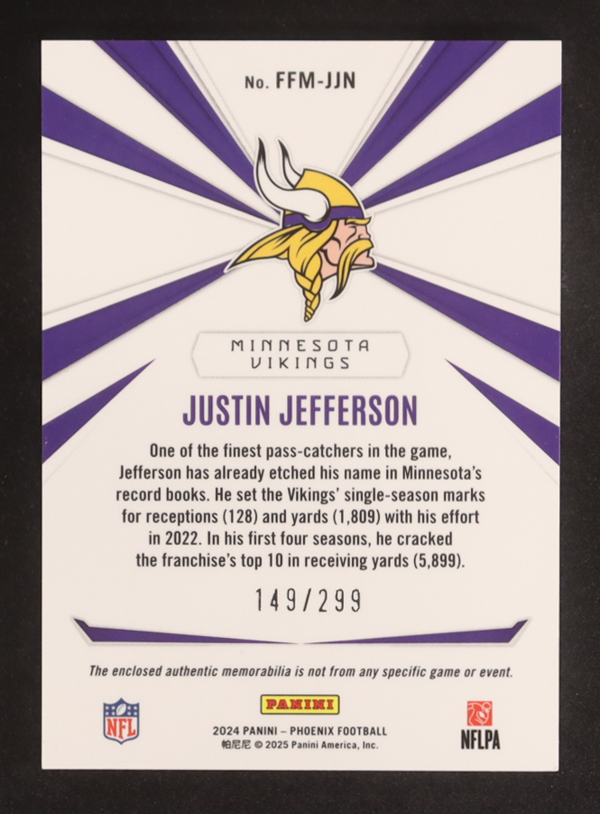 Justin Jefferson 2024 Panini Phoenix Franchise Future Materials #7 #149/299 at PristineAuction.com Justin Jefferson 2024 Panini Phoenix Franchise Future Materials #7 #149/299 at PristineAuction.com