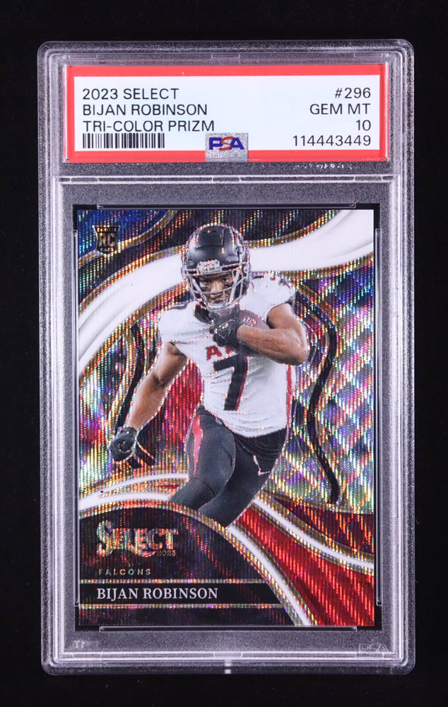 Bijan Robinson 2023 Select Prizm Tri Color #296 #072/149 RC (PSA 10) at PristineAuction.com Bijan Robinson 2023 Select Prizm Tri Color #296 #072/149 RC (PSA 10) at PristineAuction.com