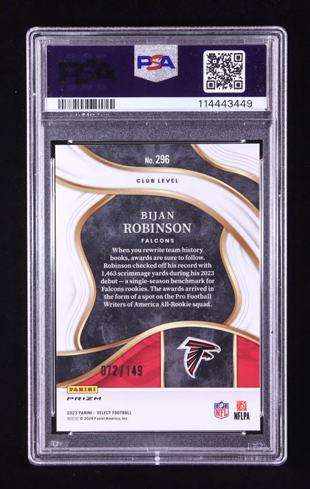 Bijan Robinson 2023 Select Prizm Tri Color #296 #072/149 RC (PSA 10) at PristineAuction.com Bijan Robinson 2023 Select Prizm Tri Color #296 #072/149 RC (PSA 10) at PristineAuction.com