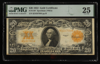 1922 $20 Gold Certificate (PMG 25 VF) at PristineAuction.com