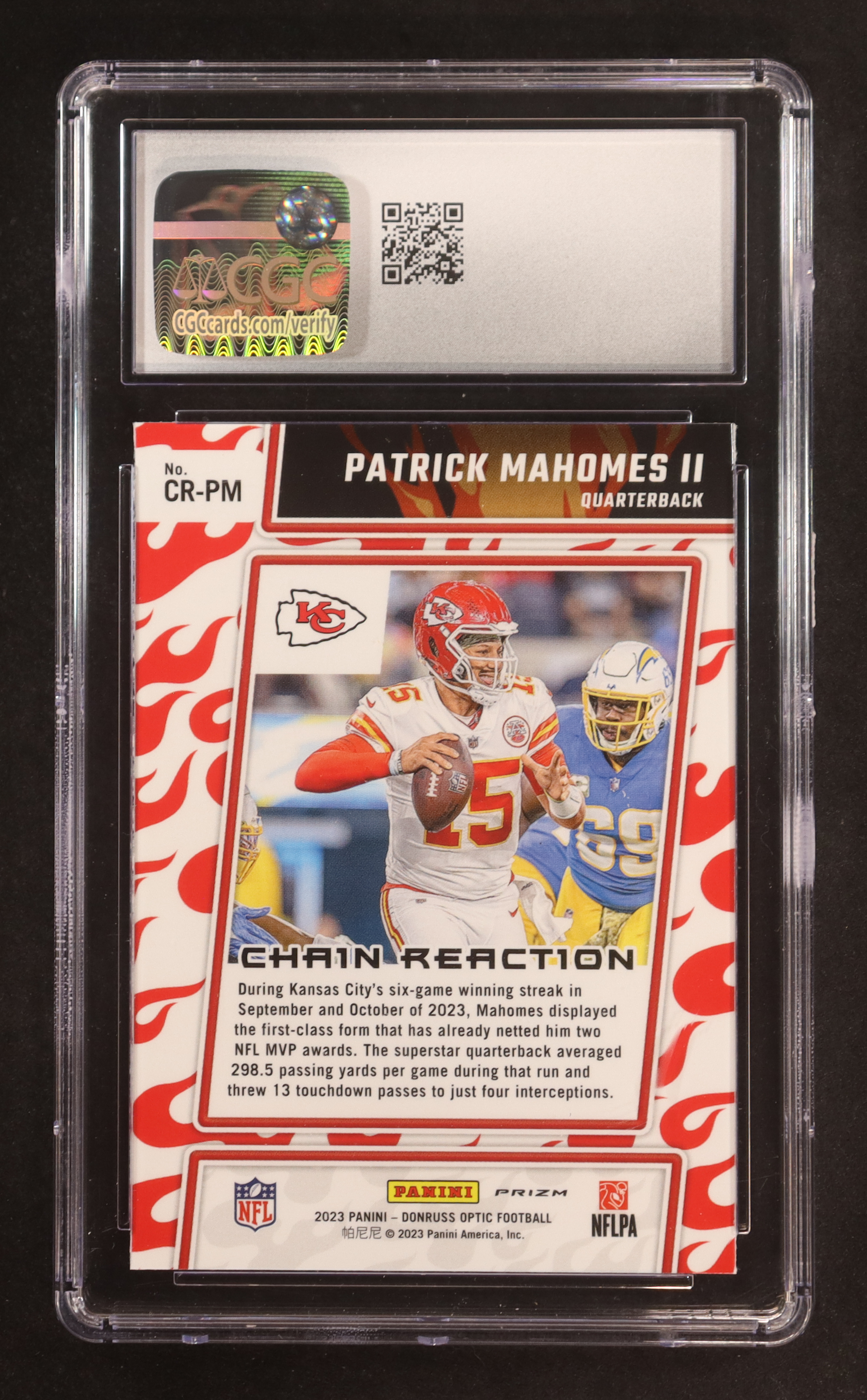 Patrick Mahomes II 2023 Panini Donruss Optic Chain Reaction #CR-PM (CGC 10) at PristineAuction.com Patrick Mahomes II 2023 Panini Donruss Optic Chain Reaction #CR-PM (CGC 10) at PristineAuction.com