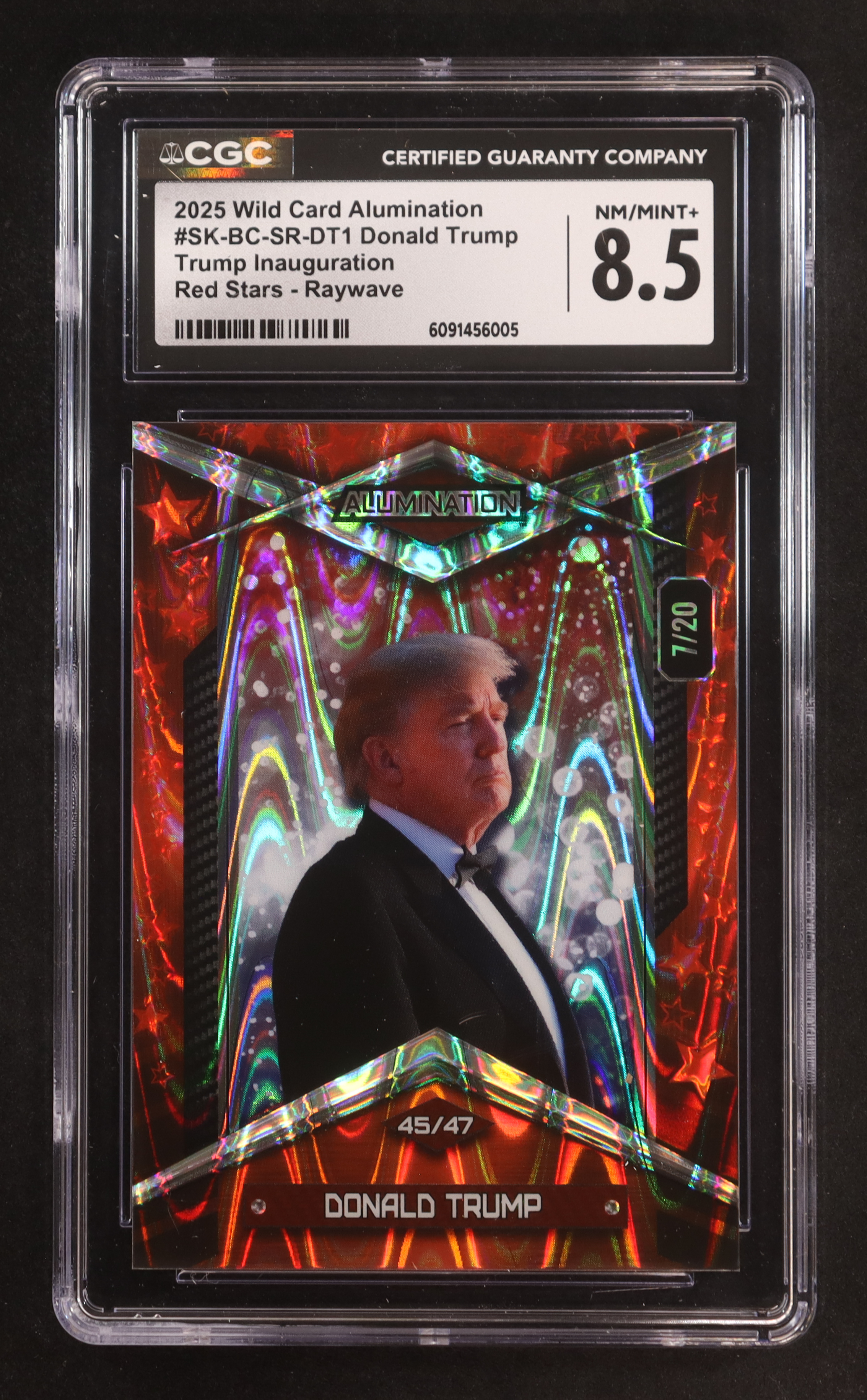 Donald J. Trump 2025 Wild Card Alumination Trump Inauguration Red Stars- Raywave #SK-BC-SR-DT1 #7/20 (CGC 8.5) at PristineAuction.com Donald J. Trump 2025 Wild Card Alumination Trump Inauguration Red Stars- Raywave #SK-BC-SR-DT1 #7/20 (CGC 8.5) at PristineAuction.com