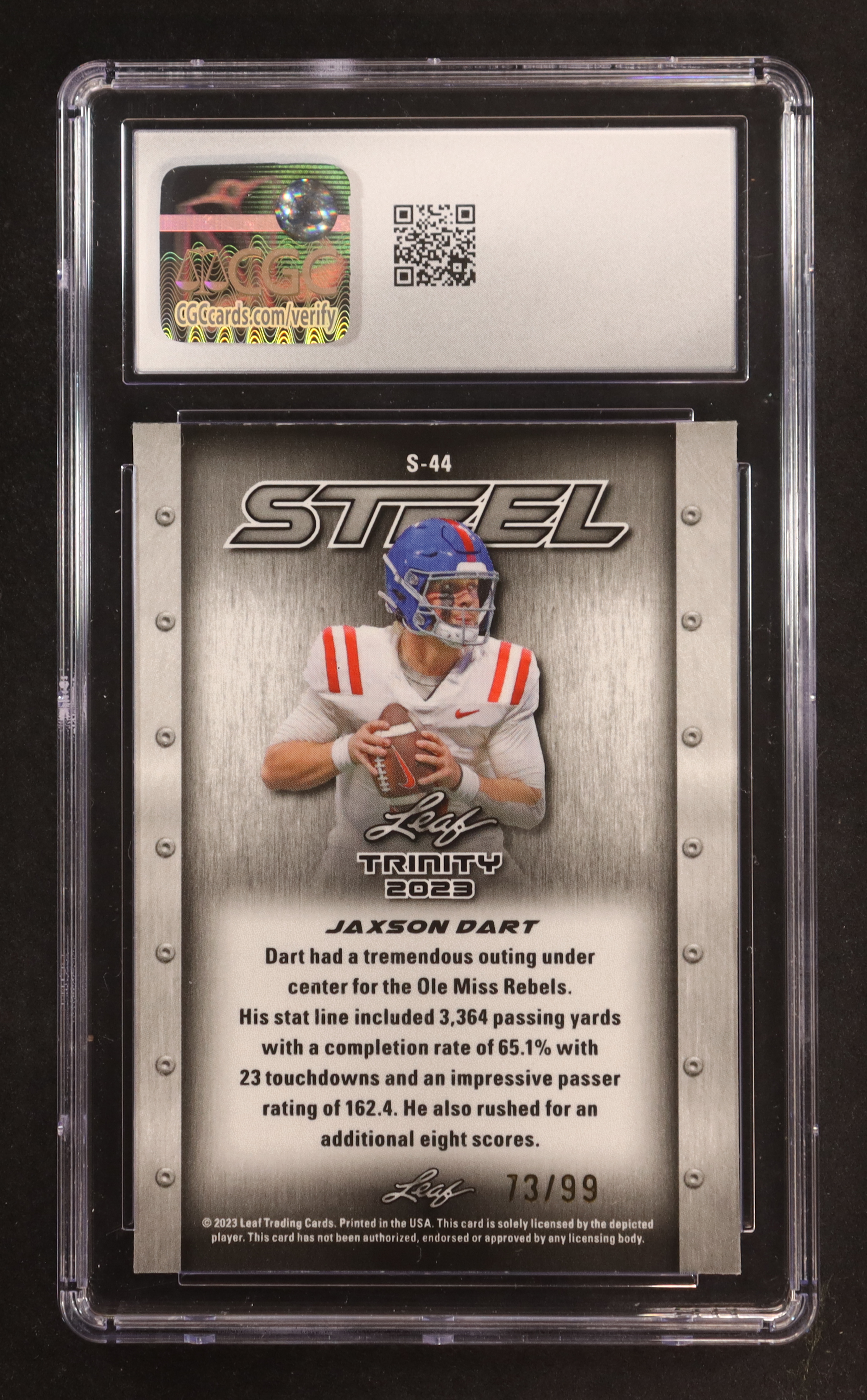 Jaxson Dart 2023 Leaf Trinity Mega Box Steel Blue Stars & Dots #S-44 RC #73/99 (CGC 9) at PristineAuction.com Jaxson Dart 2023 Leaf Trinity Mega Box Steel Blue Stars & Dots #S-44 RC #73/99 (CGC 9) at PristineAuction.com