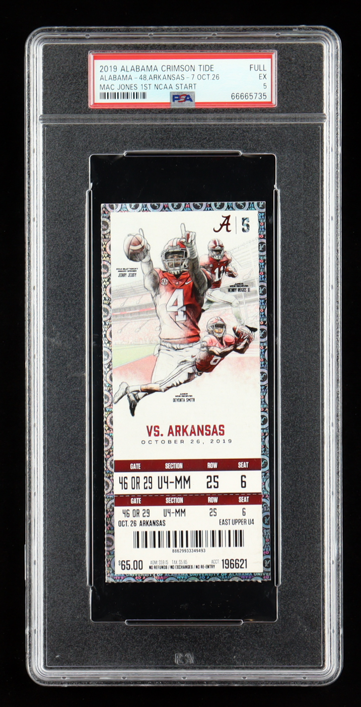 Mac Jones "1st NCAA Start" 2019 Alabama Crimson Tide vs. Arkansas Razorbacks Game Ticket (PSA 5) at PristineAuction.com Mac Jones "1st NCAA Start" 2019 Alabama Crimson Tide vs. Arkansas Razorbacks Game Ticket (PSA 5) at PristineAuction.com
