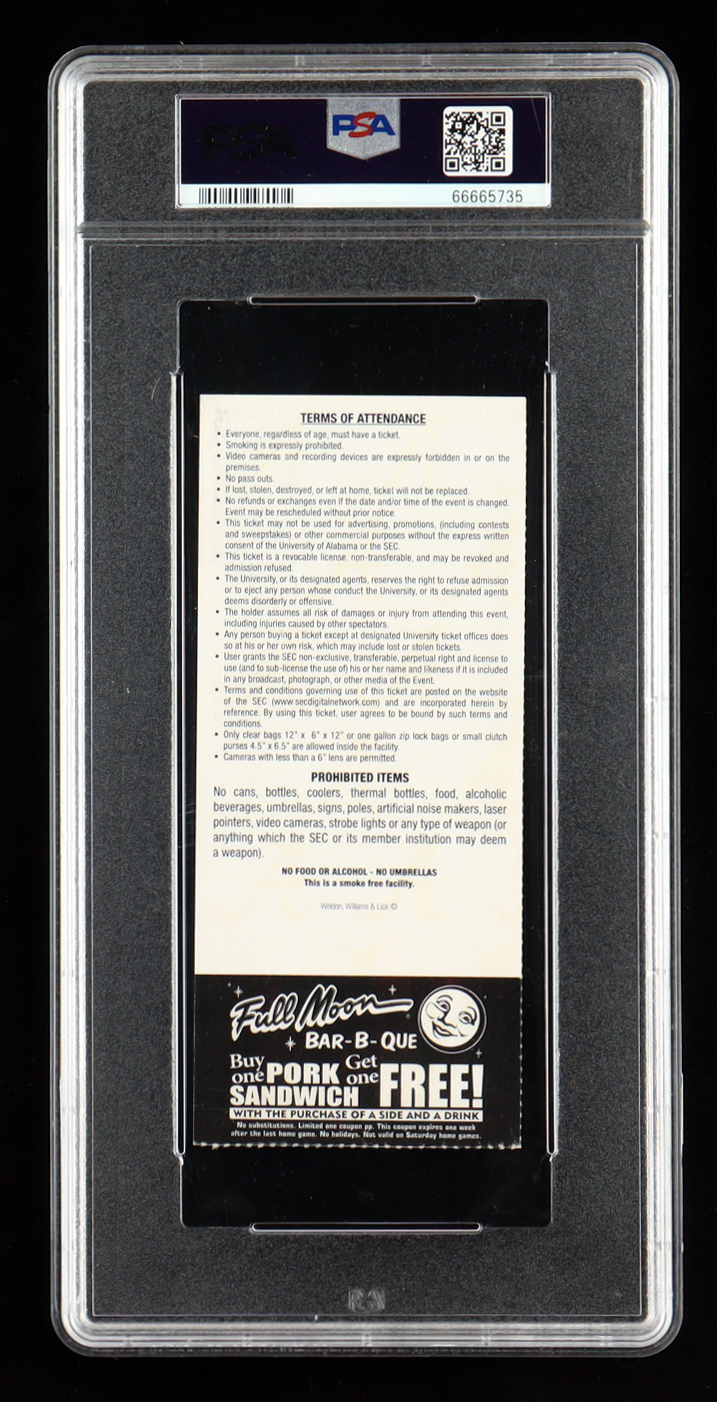 Mac Jones "1st NCAA Start" 2019 Alabama Crimson Tide vs. Arkansas Razorbacks Game Ticket (PSA 5) at PristineAuction.com Mac Jones "1st NCAA Start" 2019 Alabama Crimson Tide vs. Arkansas Razorbacks Game Ticket (PSA 5) at PristineAuction.com