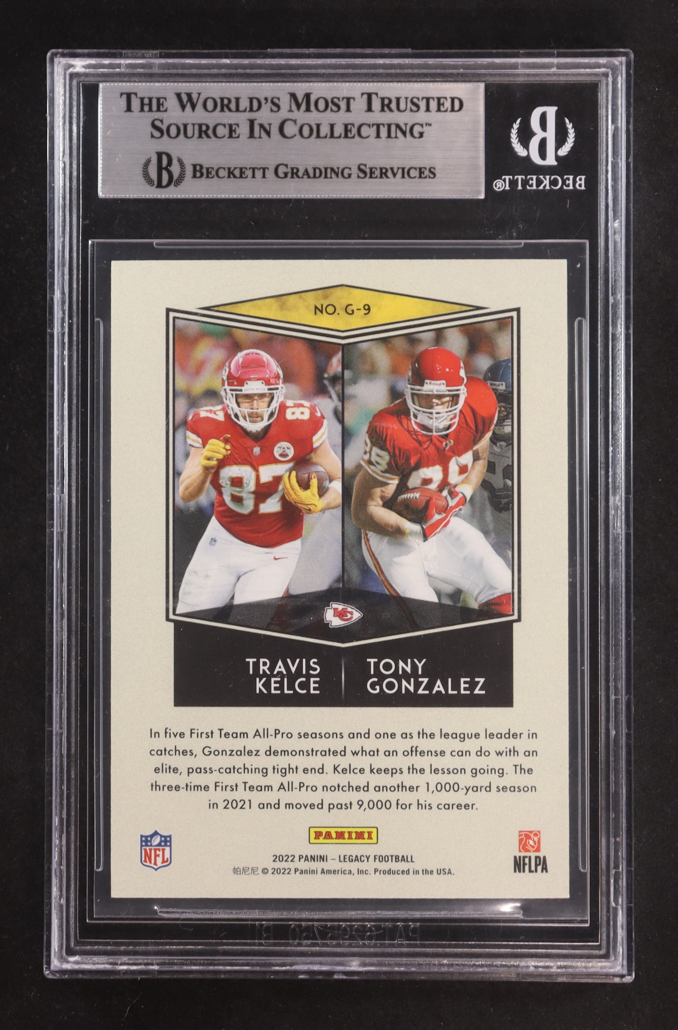 Travis Kelce / Tony Gonzalez 2022 Panini Legacy Generations Orange #G-9 #088/125 (BGS 9) at PristineAuction.com Travis Kelce / Tony Gonzalez 2022 Panini Legacy Generations Orange #G-9 #088/125 (BGS 9) at PristineAuction.com