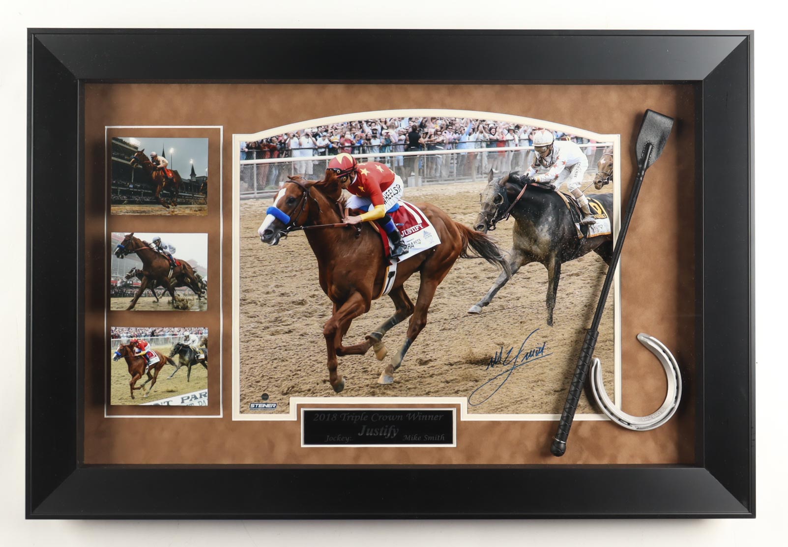 Mike Smith Signed 2018 "Triple Crown Winner-Justify" Custom Shadowbox-Framed Poster Print with (3) Photos, Jockey Whip & Replica Horseshoe (Steiner) at PristineAuction.com Mike Smith Signed 2018 "Triple Crown Winner-Justify" Custom Shadowbox-Framed Poster Print with (3) Photos, Jockey Whip & Replica Horseshoe (Steiner) at PristineAuction.com