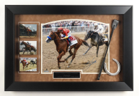 Mike Smith Signed 2018 "Triple Crown Winner-Justify" Custom Shadowbox-Framed Poster Print with (3) Photos, Jockey Whip & Replica Horseshoe (Steiner) at PristineAuction.com