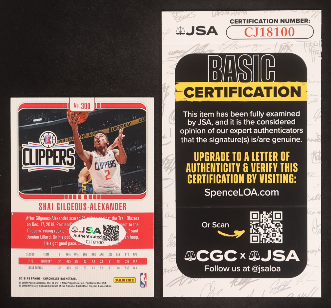 Shai Gilgeous-Alexander Signed 2018-19 Panini Chronicles #300 Studio RC (JSA) at PristineAuction.com Shai Gilgeous-Alexander Signed 2018-19 Panini Chronicles #300 Studio RC (JSA) at PristineAuction.com