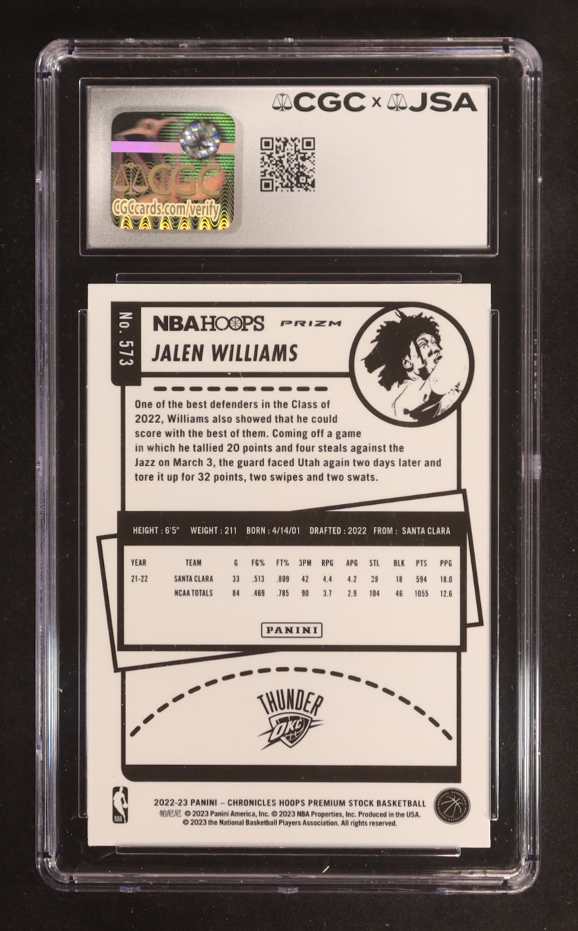Jalen Williams Signed 2022-23 Panini Chronicles Silver #573 Hoops Premium Stock RC (CGC) at PristineAuction.com Jalen Williams Signed 2022-23 Panini Chronicles Silver #573 Hoops Premium Stock RC (CGC) at PristineAuction.com