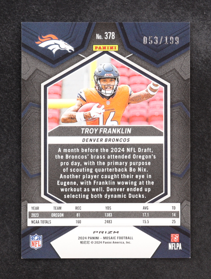 Troy Franklin 2024 Panini Mosaic Mosaic Orange #378 RC #53/199 at PristineAuction.com Troy Franklin 2024 Panini Mosaic Mosaic Orange #378 RC #53/199 at PristineAuction.com
