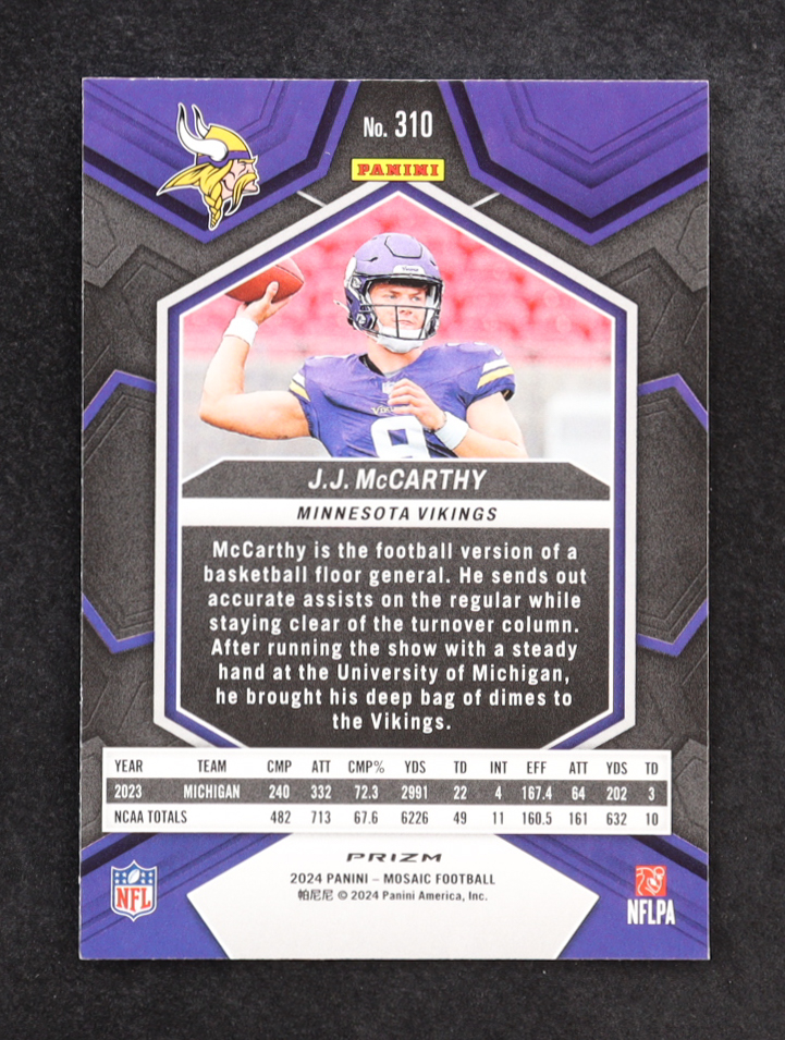 JJ McCarthy 2024 Panini Mosaic Silver #310 RC at PristineAuction.com JJ McCarthy 2024 Panini Mosaic Silver #310 RC at PristineAuction.com